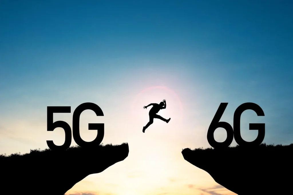 6G標準爭奪主題視覺：呈現傳統設備商、算力巨頭與太空勢力三方在6G標準制定上的競合