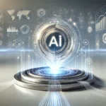 發光的 AI 核心圖標位於科技平台中央，四周環繞著全球數據圖表與科技地圖，象徵 AI 技術的核心爭奪。