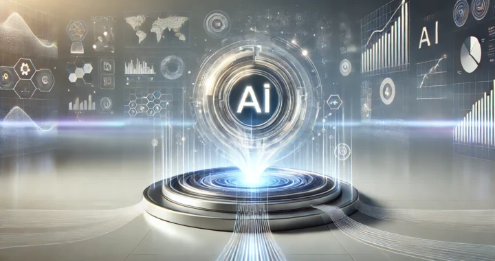 發光的 AI 核心圖標位於科技平台中央，四周環繞著全球數據圖表與科技地圖，象徵 AI 技術的核心爭奪。