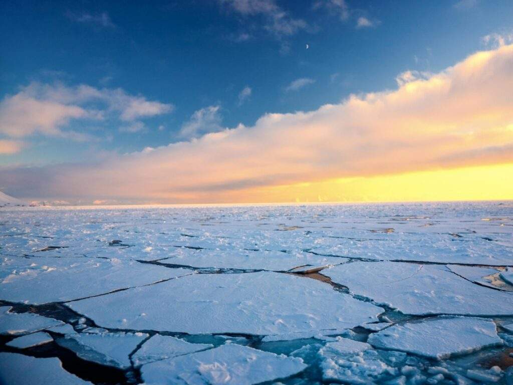 廣袤的北極冰原在地平線處與晨曦交融，視覺化呈現融冰後的戰略荒原，隱喻全球能源博弈中極地主權邊界的重新劃定。